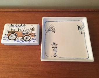 Vintage Handpainted Italian Trinket Box and Tray, Antique Car, Old Fashioned Buggy, Trinket Holder, Made in Italy, 2 piece Set, Box and Tray