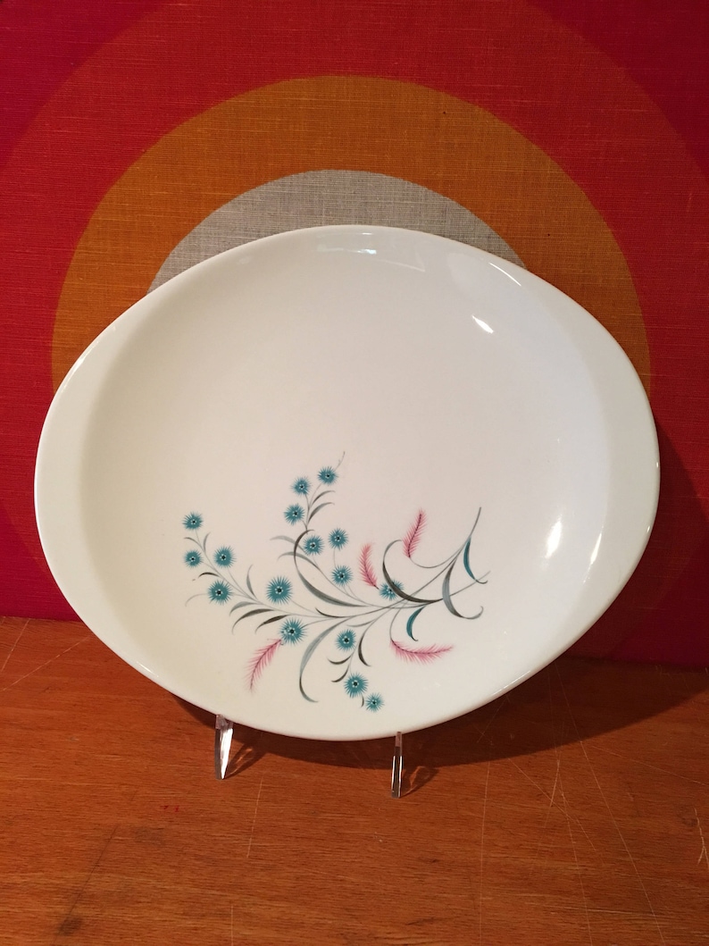 Mid Century Modern Canonsburg Citation Platter, Vintage Serving Platter, Pink Aqua and Gray Floral Pattern, Retro 1950s Canonsburg Pottery image 2