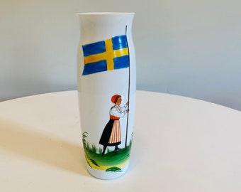 Vintage Leksand Sweden Glass Vase, Swedish Flag Vase, Swedish Folk Art Vase, Leksand Vase, Scandinavian Souvenir Folk Art Vase