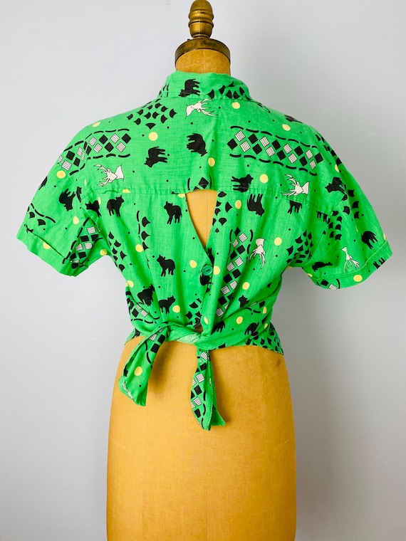 Vintage 80s Novelty Print Button Up Blouse, Women's Size Medium, Cut Out Tie-Back Top, Deer and Bear Print