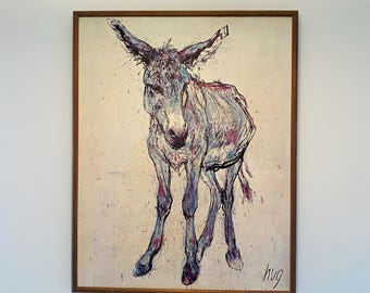 Fritz Hug Donkey Print on Canvas, 1970's Vintage Donkey Burro Painting on Canvas, Framed Reproduction Print, 23x 28", Mid Century Art