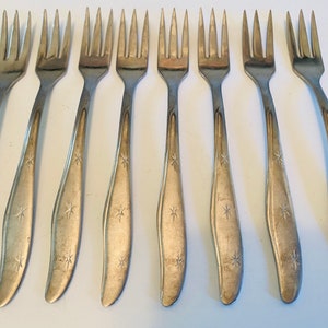 Vintage Mar-Crest Citation Stainless Steel Cocktail Forks, Set of 8, Appetizer Forks, Starburst Pattern Flatware, Mid Century Modern