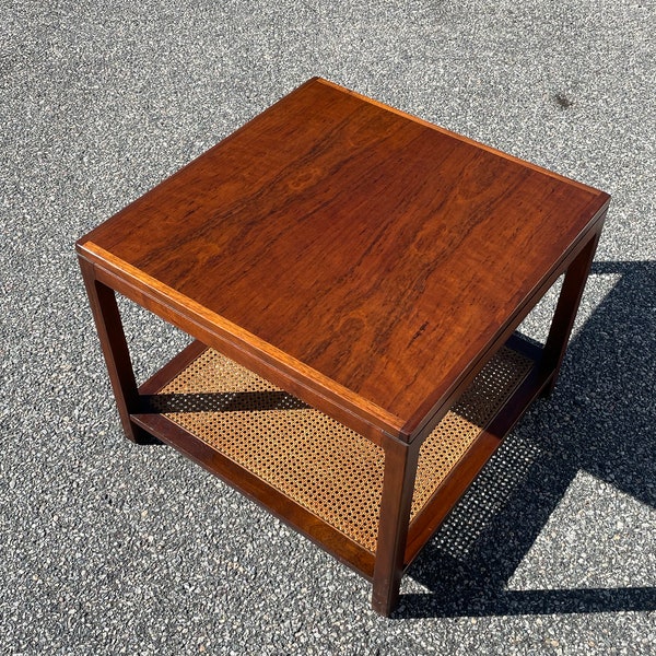 Vintage Jack Cartwright for Founders Side Table with Cane Shelf, Mid Century Modern End Table, Square End Table with Shelf