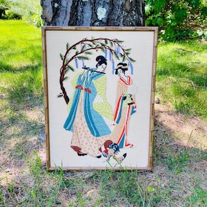 Vintage 1970s Completed Crewel Embroidery Needlework Wall Hanging, Pat Zitomer Design, Oriental Spring, Japanese Geisha Women, Framed