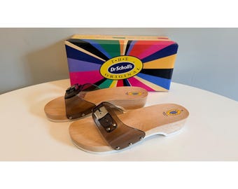 Dr Scholls Holz Clog Damen Größe 8 M Holz Übung Clog Sandale Rauchgrau Vinyl Rutschfest NEU