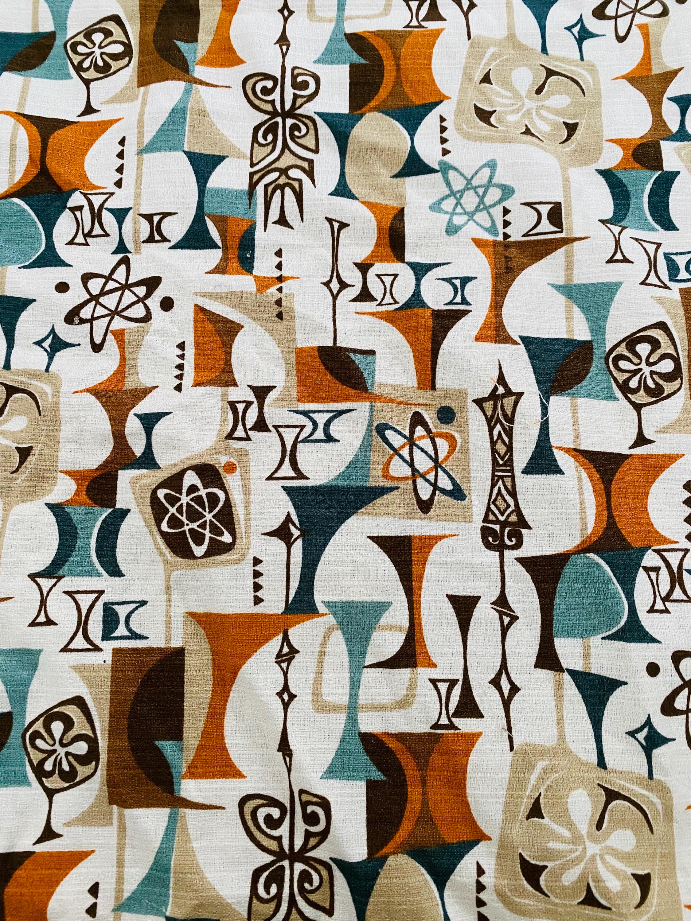 Robert Kaufman Atomic Barkcloth Fabric, Mid Century Modern Tiki Print 3 Yards, 1950's MCM Vintage Reproduction Out Of Print Rare Retired