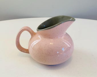 Vintage Harkerware Creamer, Shell Pink Harkerware Stoneware, Mid Century Dinnerware, Stone China, Pink and Gray Speckled