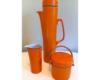 LaGardo Tackett Schmid Porcelain Coffee Set Orange Carafe Creamer Sugar