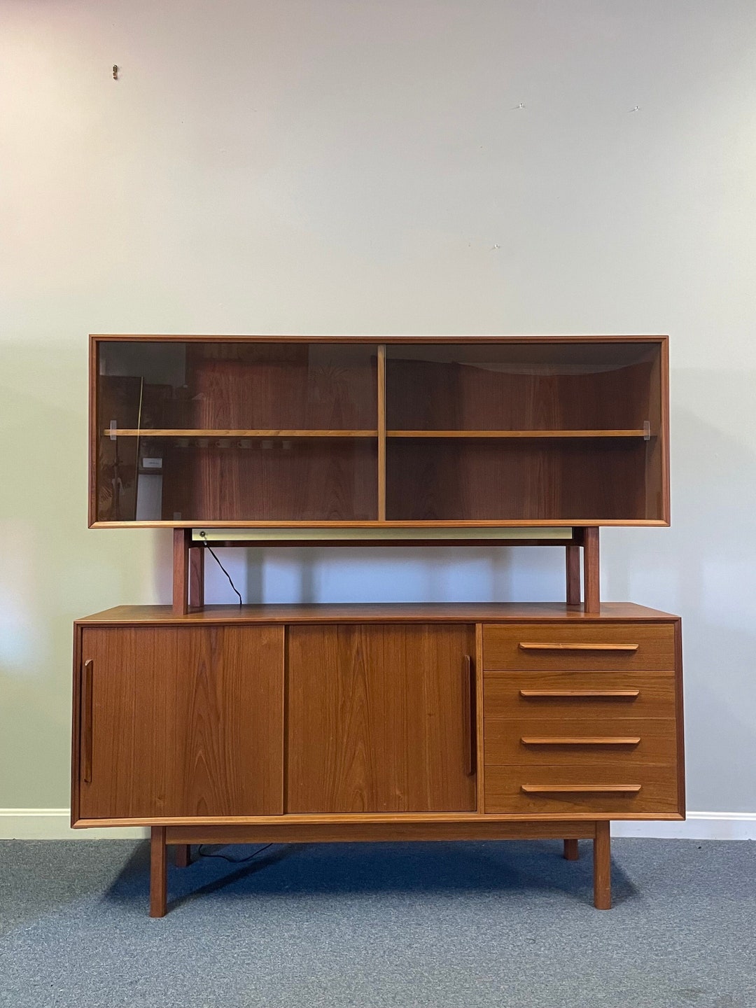 Vintage Danish Modern Teak China Cabinet, Danish Modern Two Level Teak ...