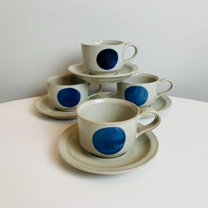 Iron Mountain Stoneware Lookout Mountain, Set of 4 Cups and Saucers, Nancy Patterson Lamb, USA Pottery, Modernist Stoneware Cups and Saucers