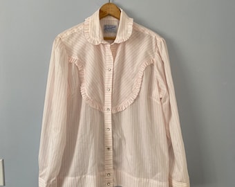Vintage Rockmount Ranch Women's Pink and White Striped Western Shirt with Pearl Snaps, Size S / M, Made in USA, Tru-West, Ruffled Rodeo Top