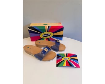 Dr Scholls Women Size 8 M Wood Exercise Clog Sandal Blue Vinyl Slide Shoe New