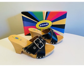 Dr Scholls Women Size 6 Wood High Heel Clog Sandal Black Leather New Italy