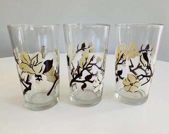 Vintage Mid Century Juice Glasses, Set of 3, Signed Jamey, Magnolia Flower Glasses, Brown and White Floral Tumblers, Jamey Glassware