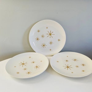 Royal China Star Glow Dinner Plates, Set of 3, Mid Century Dinnerware, Atomic Modern Starburst, Gold Stars, MCM Dinner Plates