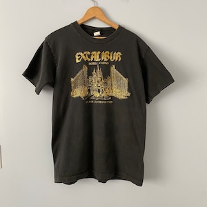 Vintage Excalibur Casino Hotel Las Vegas T-shirt, Size Large, Black Shirt with Gold Glitter Design, Diamond Dust, Single Stitch, Made in USA