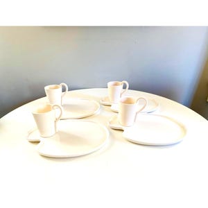 Vintage White Ceramic Snack Plate and Cup Set, Set of 4, Amoeba Shape Plates, Made in Japan, Mid Century Modern Luncheon Set