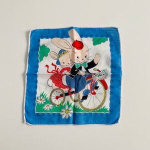 Vintage Child&#39;s Hankie from the 1940s, Bunnies on a Bicycle, Whimsical Novelty Print Hankie with Rabbits, Easter Bunny, Nursery Decor
