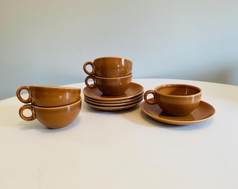 Russel Wright Iroquois Casual China Ripe Apricot, Set of 5 Cups and Saucers, Tea Cups, Coffee Cups, Brown Russel Wright
