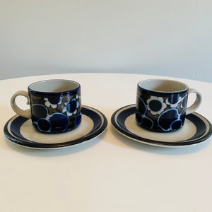 Arabia Finland Saara Cup and Saucer, Set of 2 Cups & 2 Saucers, Anja Jaatinen-Winquist, Arabia Coffee Cup with Blue Floral Pattern