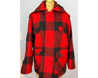 Veste vintage Johnson Woolen Mills Mackinaw à carreaux Buffalo et capuche fendue, taille 48 USA