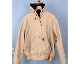 Vintage Carhartt JQ295 Beige Quilted-Lined Canvas Kapuzenjacke XL USA Workwear