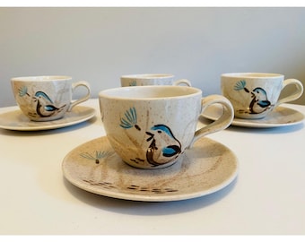 Vintage Red Wing Bob White Teacups and Saucers, Set of 4, 1950s Red Wing Pottery