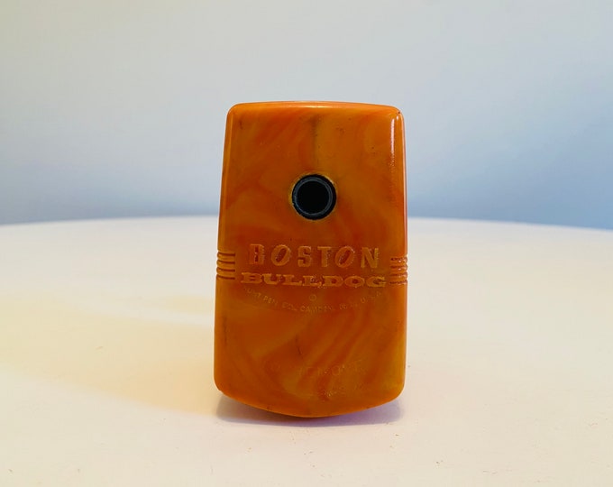 Vintage Boston Bulldog Pencil Sharpener, Manual Desktop Pencil Sharpener, Orange Swirl Bakelite