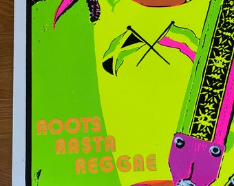 Vintage Bob Marley Felt Neon Blacklight Poster, 1981, Roots Rasta