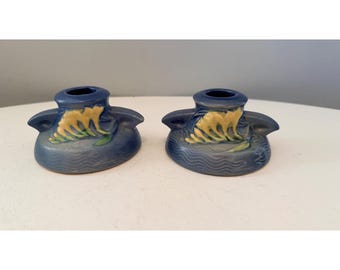 Pair Of Roseville Pottery Blue Freesia Pattern Candle Holders USA 1160-2