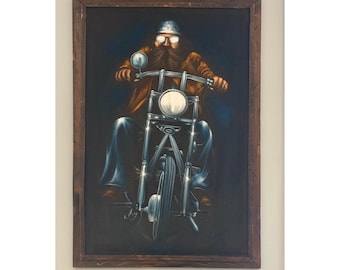 Vintage Black Velvet Biker Oil Painting With Wood Frame Rustic Motorcycle Decor