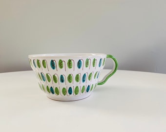 Vintage Peasant Village Serving Bowl with Handle, Made in Italy, PV Italy, Stylized Leaves, Mid Century Modern Leaf Pattern Bowl
