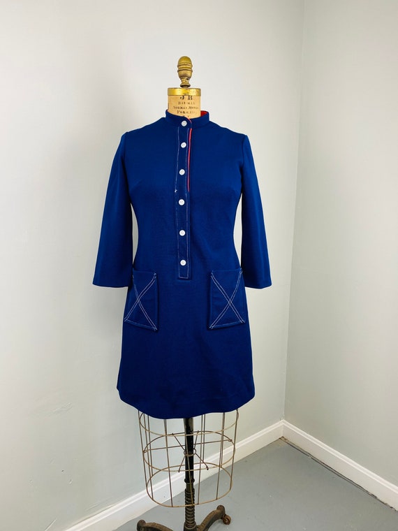 Vintage Navy Blue and Red Dress with Pockets, Bleeker… Gem