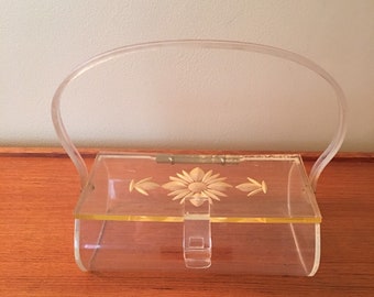 Vintage Lucite Box Purse with Flower Design, Lucite Handbag, Lucite Evening Bag, Mid Century Modern Purse, 1950s Purse, 1960s Purse