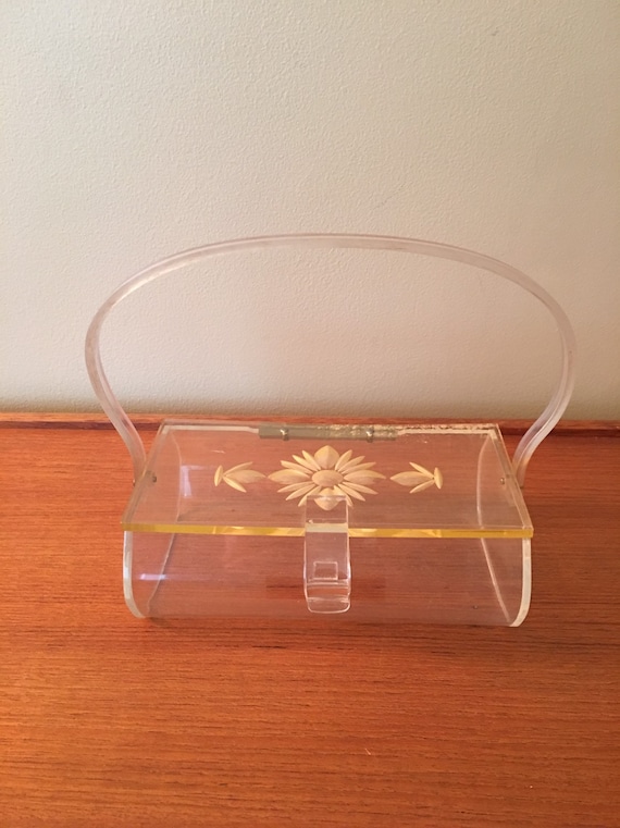 Vintage Lucite Box Purse with Flower Design, Lucit