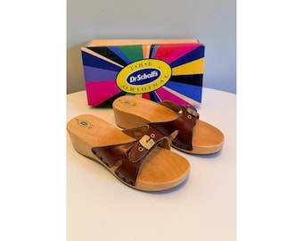 Dr Scholls Women Size 9 M Wood Exercise Clog Sandal Brown Leather Slide Shoe New