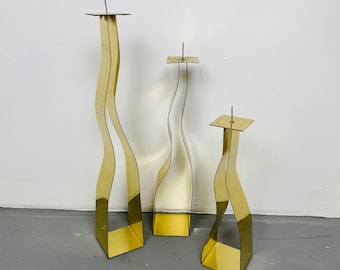 Curtis Jere Signed Brass Candle Holders, Set of 3, Mid Century Modern Style Candleholder, C Jere Sculptural Pillar Candle Holder