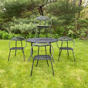 Vintage Mid Century Modern Rid-Jid Outdoor Folding Dining Set, Metal Table and 4 Chairs, 5 Pieces Rid-Jid Metal Folding Hoop Chairs & Table