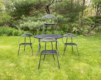 Vintage Mid Century Modern Rid-Jid Outdoor Folding Dining Set, Metal Table and 4 Chairs, 5 Pieces Rid-Jid Metal Folding Hoop Chairs & Table