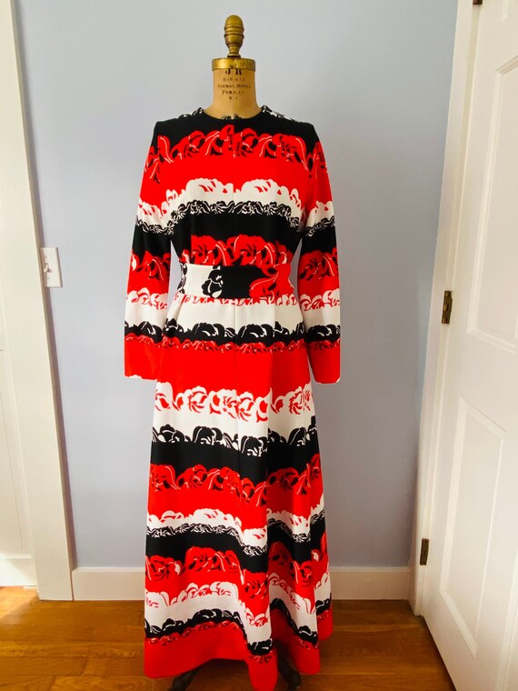 Vintage Red, Black and White Long Sleeve Dress with Belt, Abstract Mod Print Dress, Vintage Dress, 1970s Floor Length Dress