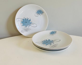 Vintage Continental China Rosenthal Reflections Designed by Raymond Loewy, Set of 4 Salad Plates, Blue Flower, Mid Century Modern Dishes