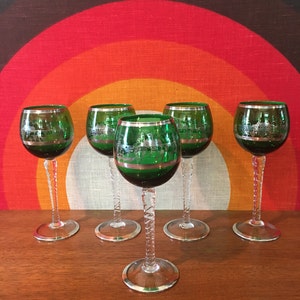 Vintage Green and Silver Wine Glasses, Set of 5, Wine Glasses with Twisted Stems, Silver Pattern, Green Goblets, Elegant Bar Glasses
