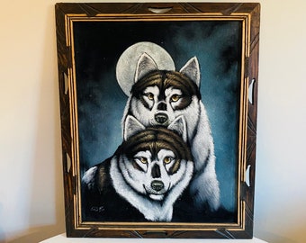 Vintage Black Velvet Wolf Painting, Kitschy Man Cave Artwork, Made in Mexico, Wolf Painting on Black Velvet, Painting of Wolves at Night