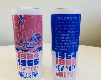 Vintage New York World's Fair 1964-1965 Souvenir Tall Frosted Tumblers, Set of 2, Pool of Industry, Collectible Barware, Mid Century Barware