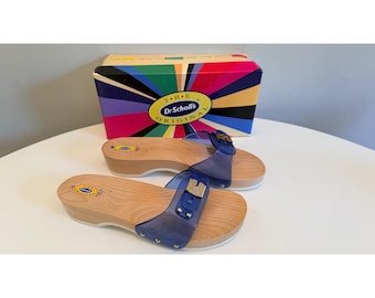 Sandalias tipo zueco de madera para mujer Dr Scholls, talla 10, color azul, de vinilo. Nuevas.