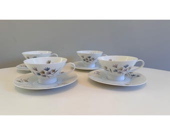 Vintage Rosenthal Teetassen & Untertassen Set mit 4 Mid Century Modern stilisierten Blumen