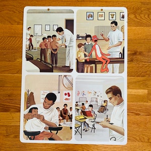 May include: A vintage educational poster with four illustrations depicting different aspects of healthcare. The top left image shows a nurse measuring a child's height, while a doctor examines another child. The top right image shows a doctor explaining a medical procedure to a child using a red puppet. The bottom left image shows a doctor examining a child's teeth. The bottom right image shows a doctor writing notes while observing children in a hospital room.