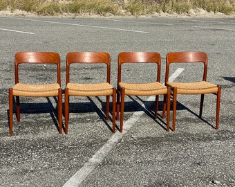 Vintage Niels Otto Møller Model 75 Dining Chairs, Set of 4, Danish Modern Teak Dining Chairs with Cord Seats, Mid Century Modern Chairs