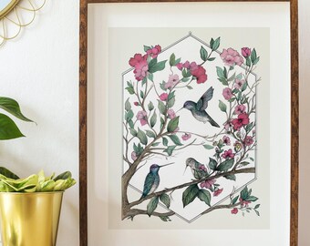 The Hummingbirds Pen & Ink Print: Signed with Mat (11x14)