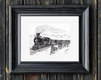 Train of the Old West Pen & Ink Print: Signed with Mat (11x14)